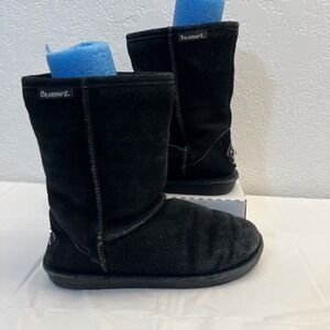 Bearpaw Emma Ankle Boots Womens Sz 8 Black Suede Leather Sheepskin Lined Winter
